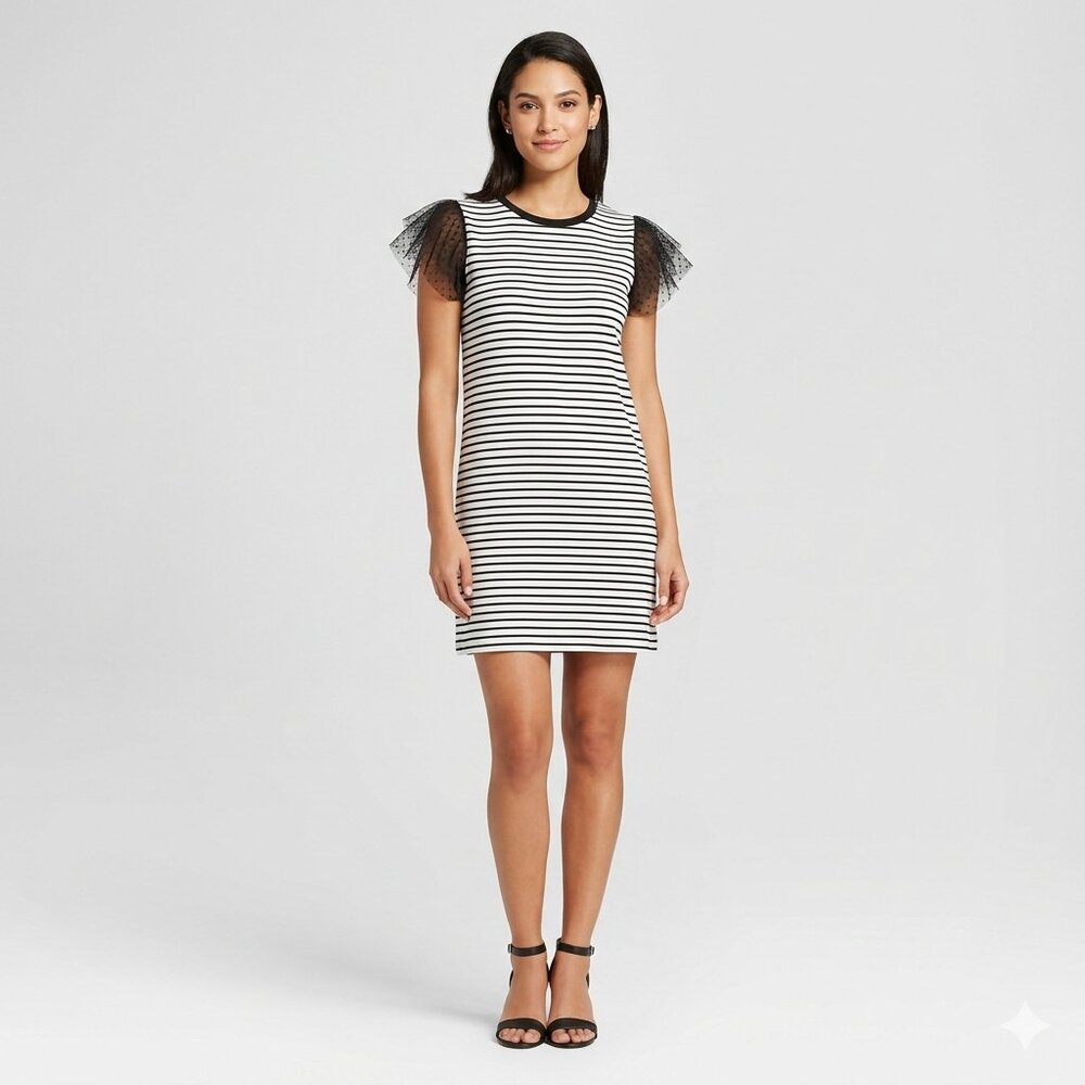 Adrienne Vittadini Women's Dresses Black White Stripe Mini Dress Size XS